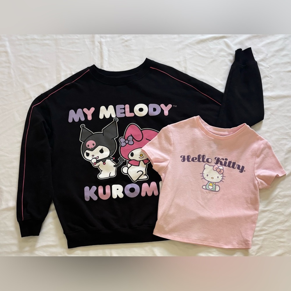 Sanrio Bundle Set: Kuromi and Mymelody Sweatshirt and Hello Kitty Baby Tee